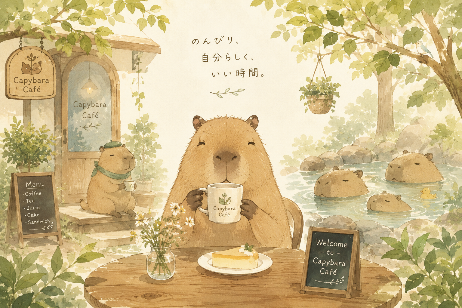 カピバラカフェのイラスト。カピバラがマグカップでコーヒーを飲み、奥では仲間がお湯につかっている。のんびり、自分らしく、いい時間。